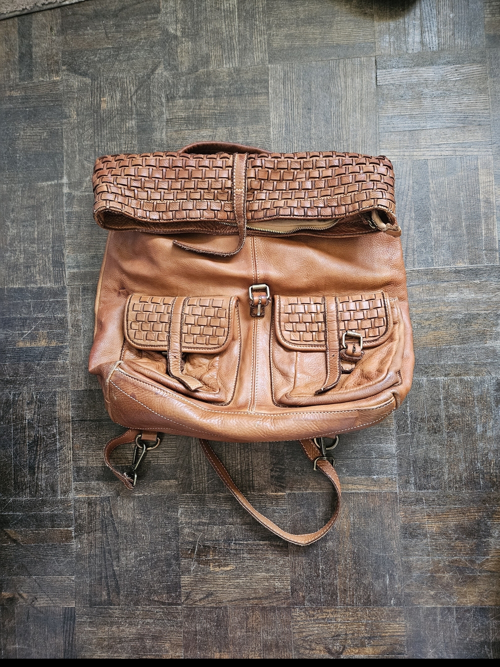 Men's Woven-Trim Leather Backpack - Brown